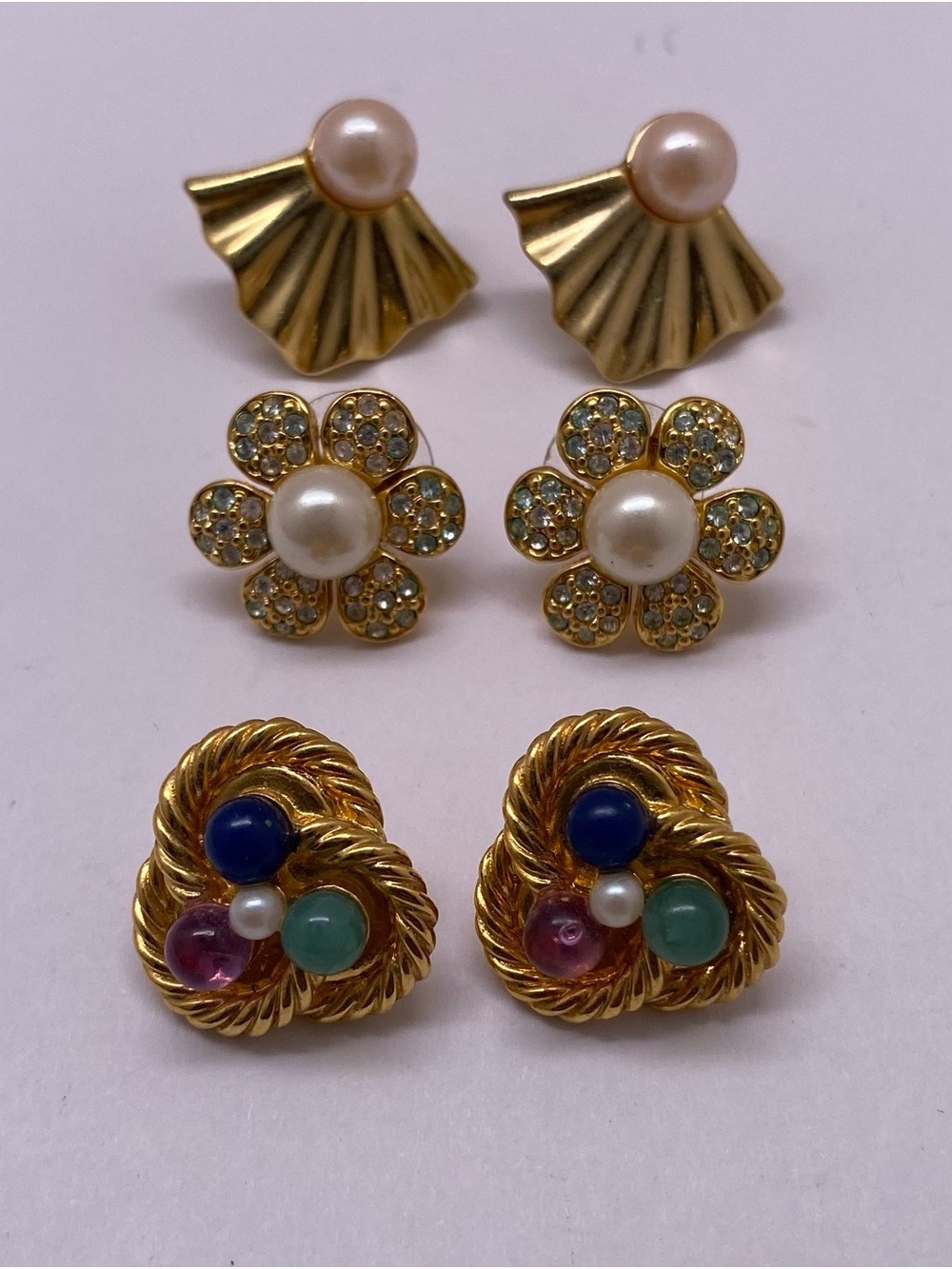 Gold-Tone Pearl & Multicolor Stone Women’s 3 Pair Earring Set